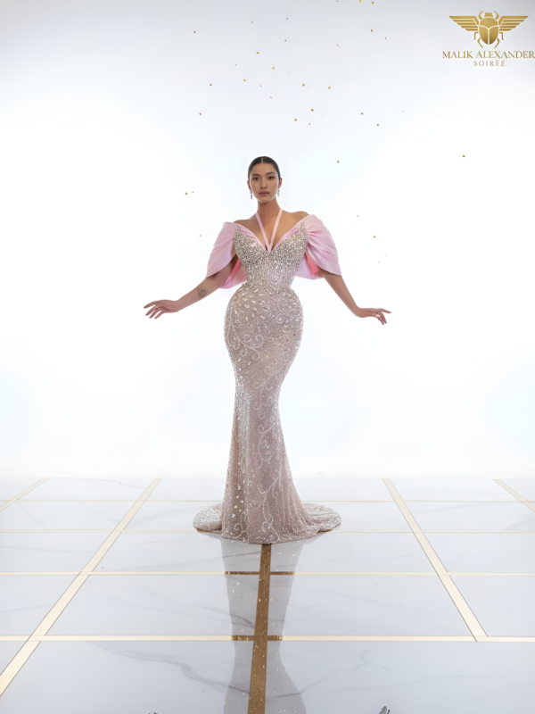 silver goddess bow shoulder crystal gown